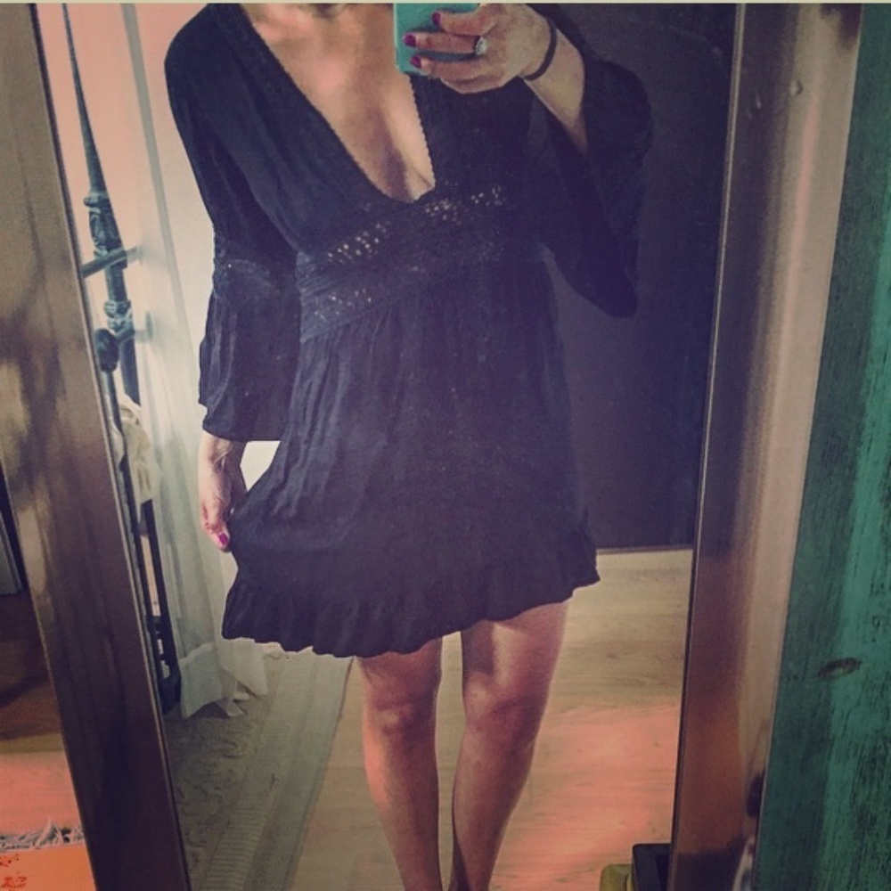 INDAH Black Crochet Trim V Neck Mini Dress